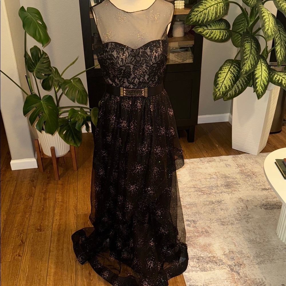 Teri Jon, long layered laced black dress size 8